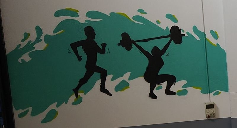 Mural del gimnasio de Global Therapy Mallén con las siluetas de un corredor y de un halterófilo