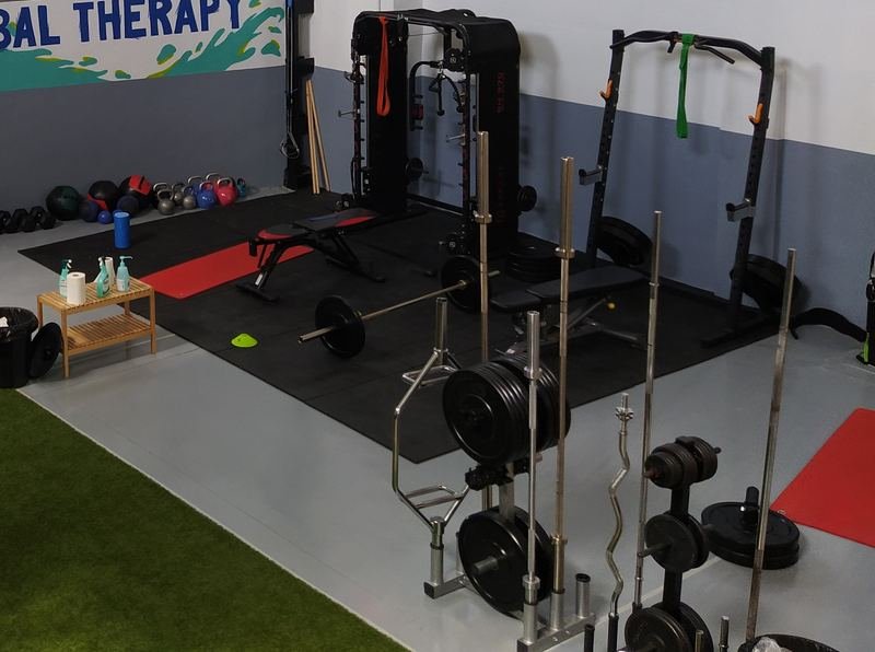 Zona de pesas del gimnasio de Global Therapy Mallén, con racks, barras y discos
